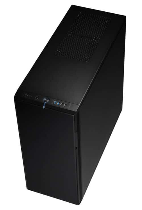A black computer case on a white background.