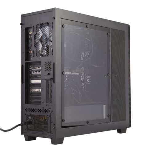 A black computer case on a white background.
