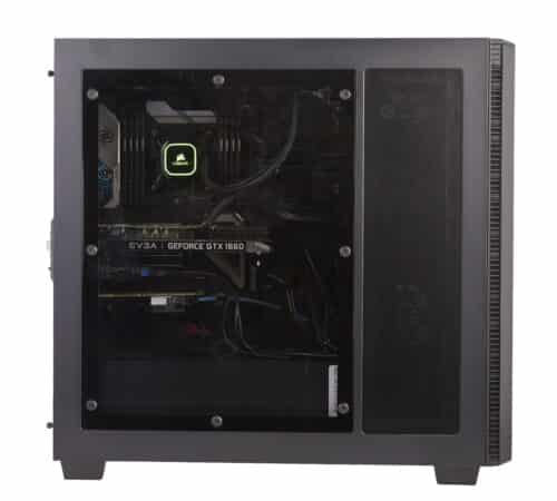 A black computer case with a green light on it.