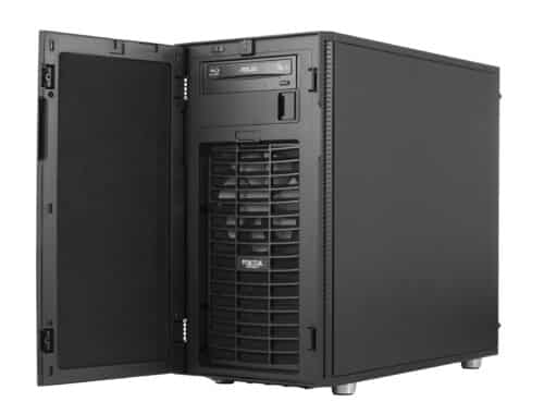 A black tower computer with the door open.