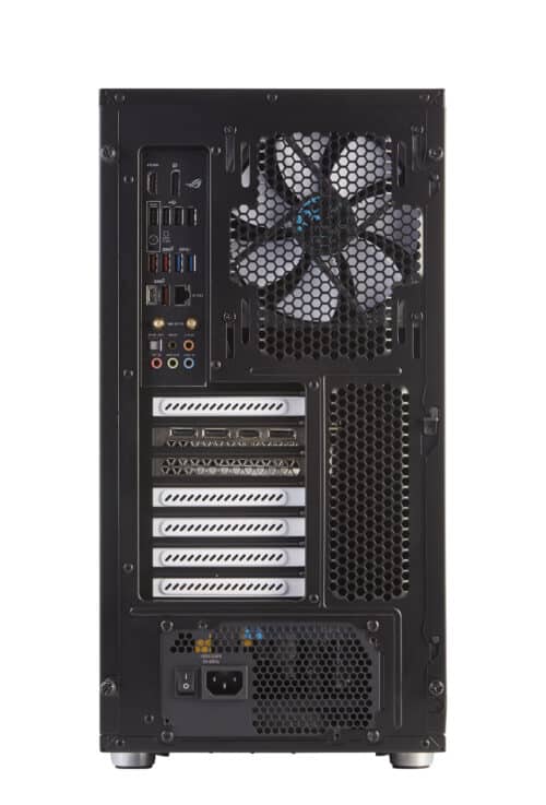 A black computer case with a fan on the side.