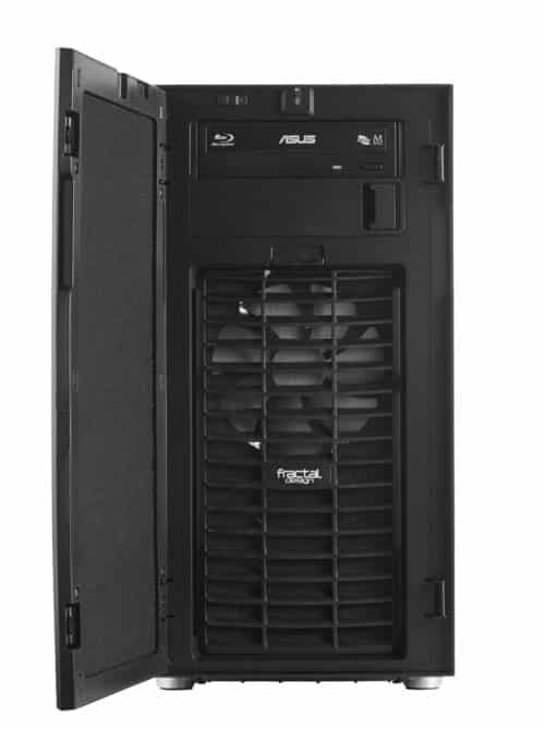 A black computer case with an open door.