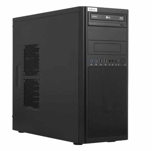 Black desktop computer tower with dvd drive and front-facing ports.