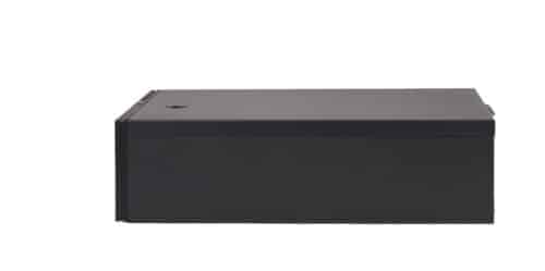Black external hard drive on a white background.
