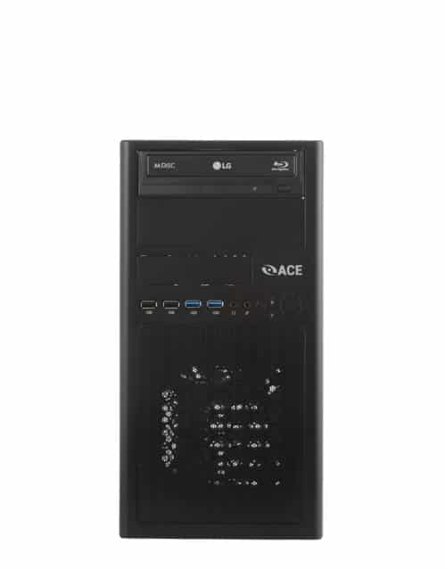 A black desktop computer on a white background.
