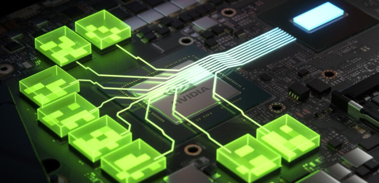 A close-up of an NVIDIA GTC 2024 circuit board with a highlighted green data transfer visualization connecting multiple processing units.