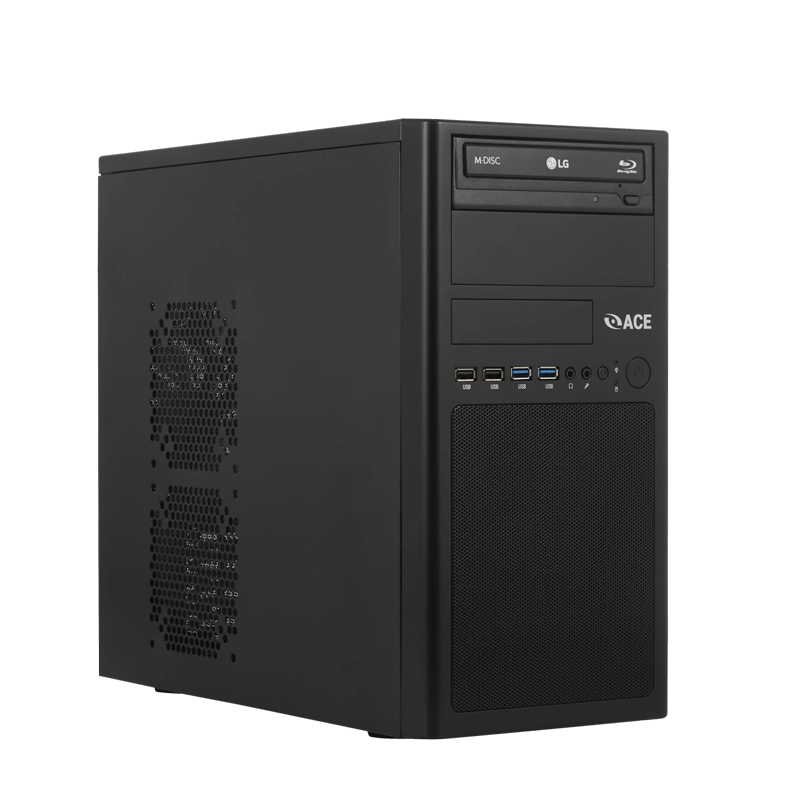 Black tower desktop computer with a dvd drive and multiple ports, isolated on a white background.