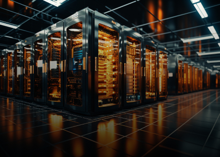 Modern data center with rows of high-tech server racks illuminated by orange lights in a dark ambient setting, giving it a new-age feel.