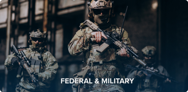 Armed military personnel in tactical gear patrolling a new home development, with text overlay reading "federal & military".