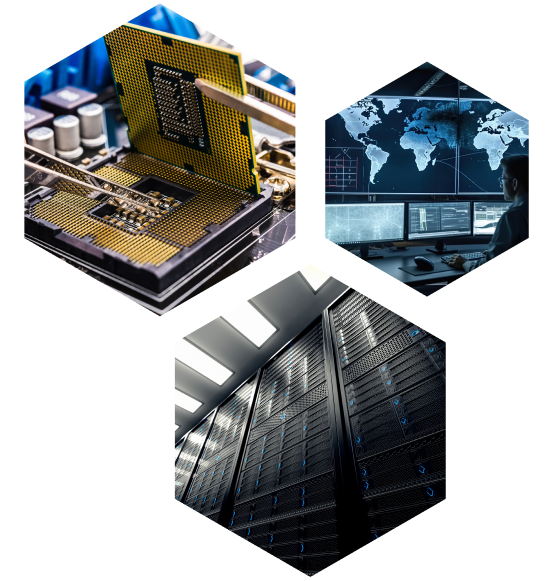 Collage of technology-themed images featuring a close-up of a new computer motherboard, a man monitoring multiple screens, and server racks in a data center.