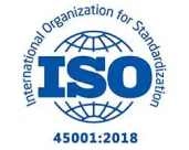 Logo of the International Organization for Standardization (ISO) with text "45001:2018" below it. The logo features a blue globe and the acronym "ISO" in bold blue letters, symbolizing new assurance standards.