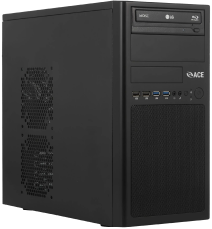 A black desktop computer tower with front-facing USB ports, audio jacks, a Blu-ray drive, and ventilation panels on the side is perfect for those seeking high-performance desktop PCs.