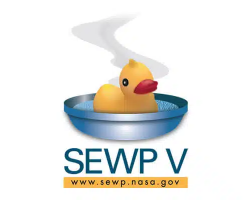 A graphic of a yellow rubber duck in a blue bowl with "sewp v www.sewp.nasa.gov" text and a stylized white arrow above resembling smoke from military maneuvers.