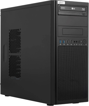 A sleek new black mid-tower desktop computer features multiple front-facing ports, ventilation grilles on the side, and a CD/DVD drive at the top.