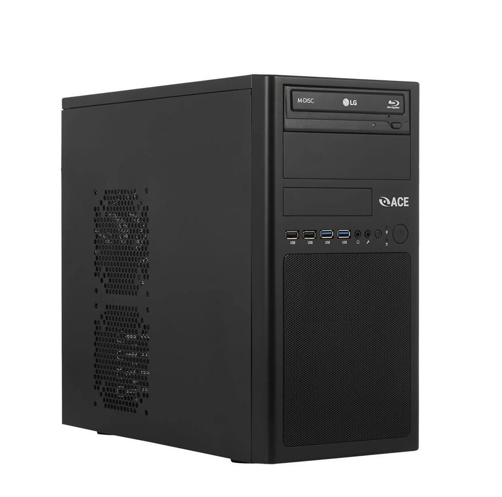 The MicroTower-A-650 is a sleek black computer tower featuring an optical drive, various front panel ports, and a perforated panel for efficient ventilation.