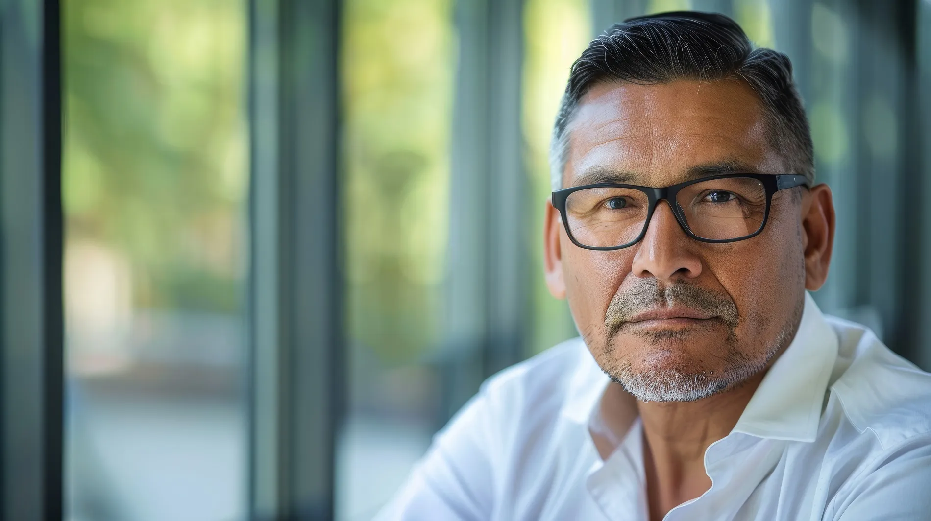A man with glasses and short hair, wearing a white shirt, looks directly at the camera with a calm expression. In the blurred background, large windows reveal greenery outside, evoking the serene landscapes cherished by Tribal Nations.