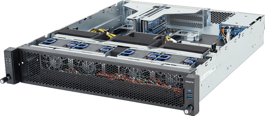 A rack-mounted server with an open chassis showing internal components, cooling fans, power supply units, cables, and expansion slots.