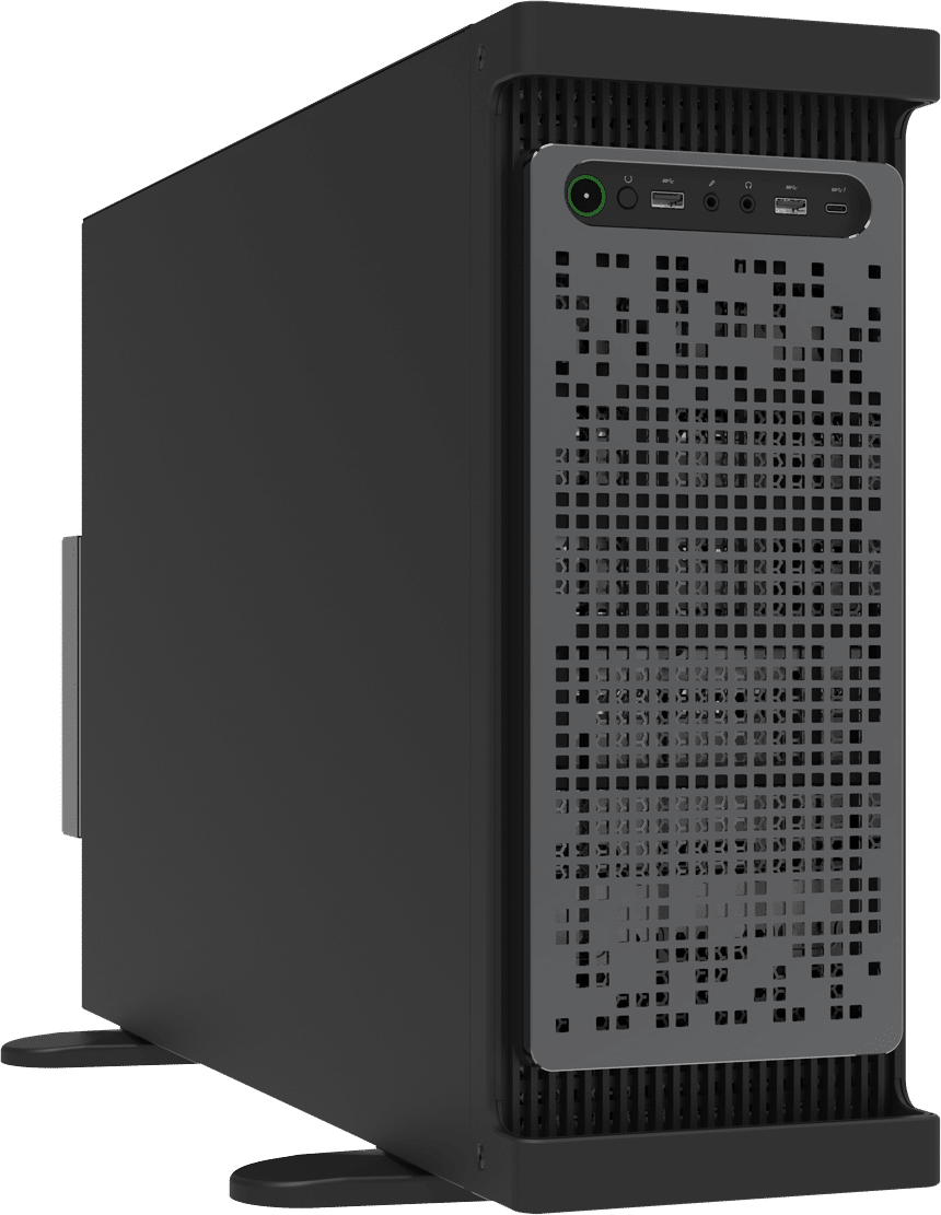 A black desktop computer tower standing vertically with a vented front panel, USB ports, audio jacks, and a power button on the top front.