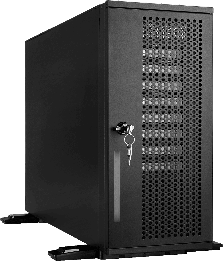 A black server tower with a perforated front panel, a lock with keys inserted, and standing on metal feet.