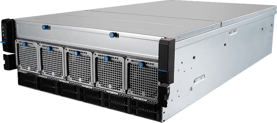 A metal rack-mounted server with multiple front-accessible cooling fans and drive bays, photographed on a white background.