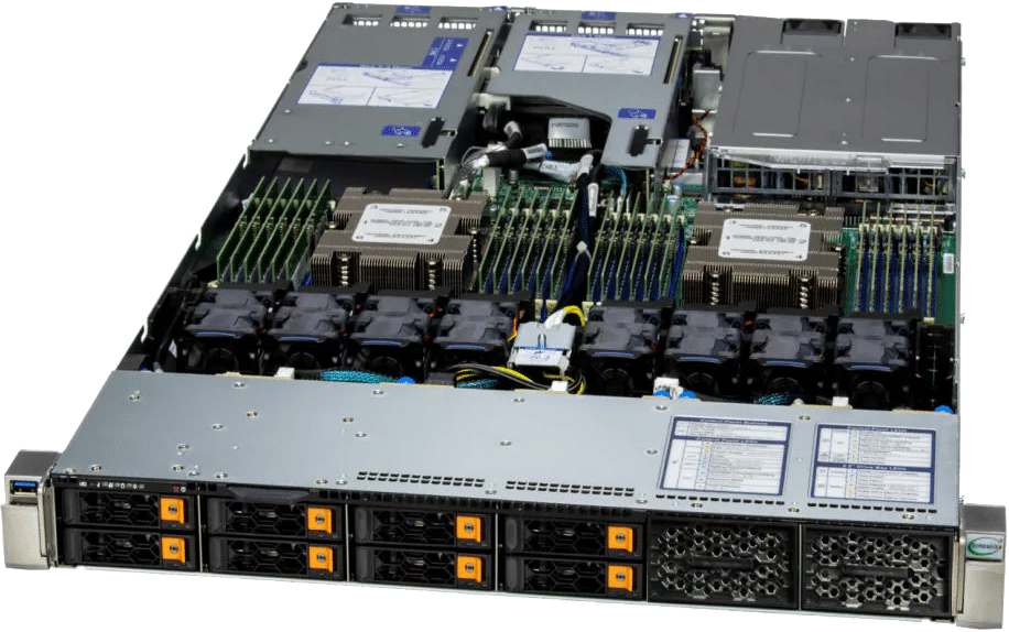 A rack-mount server with its top cover removed, showing internal components including cooling fans, memory sticks, processors, and multiple front drive bays.