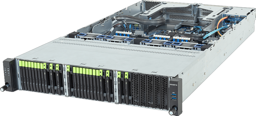 A rack-mounted server with multiple front drive bays, visible internal components, and several cables connected to the motherboard.