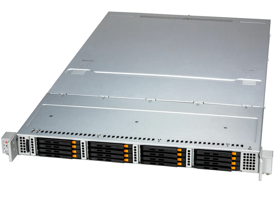 A 1U rackmount server chassis with eight front-facing drive bays and a metallic exterior, designed for data center or enterprise use.