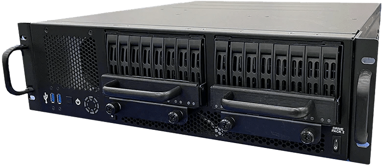 A 2U rackmount server chassis with multiple front-facing drive bays, two large handles, ventilation, and USB ports.