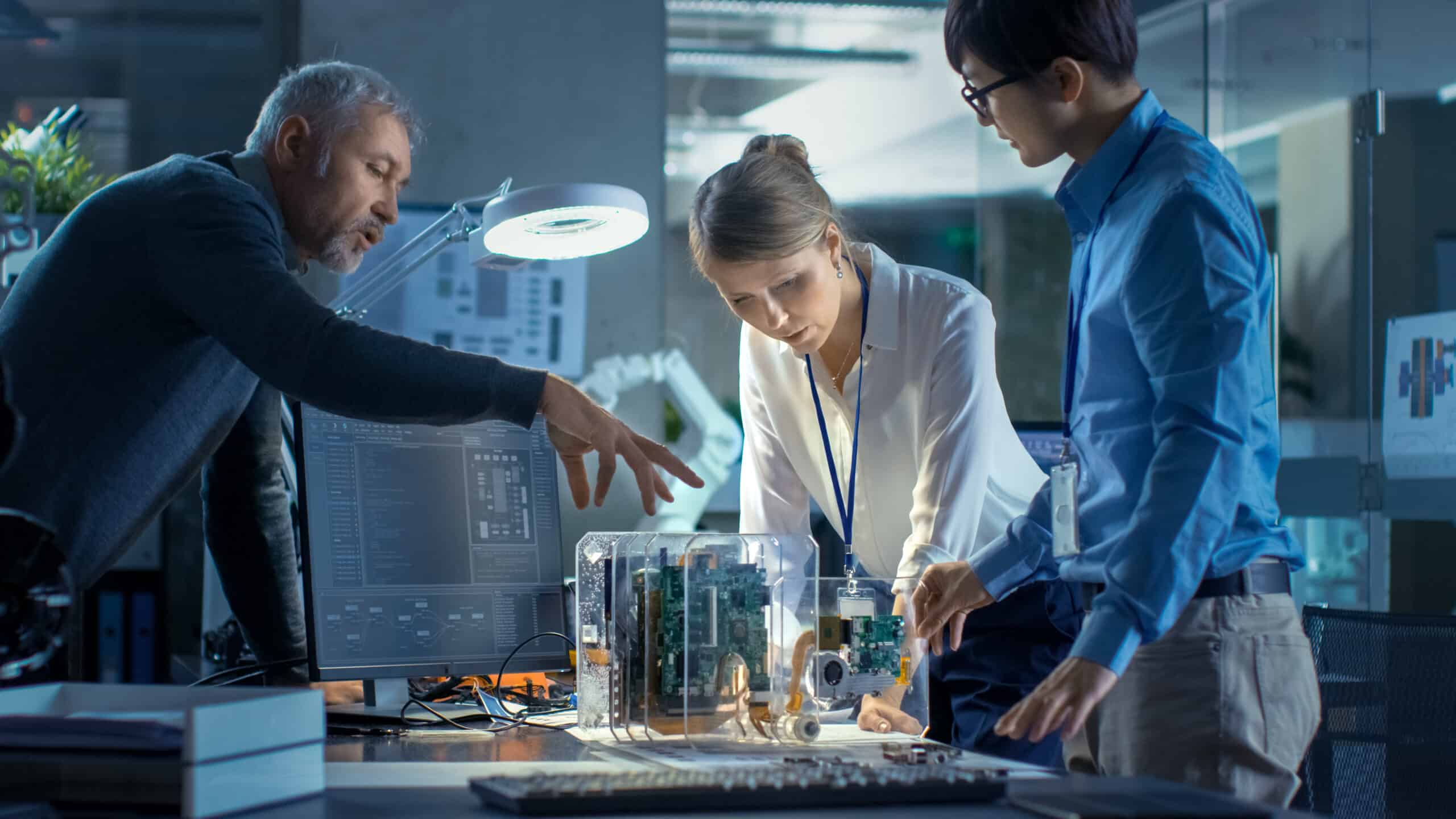 Three people collaborate at a desk, examining electronic components and circuit boards inside a transparent case in a modern digital forensics lab.