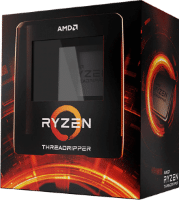 A retail box of AMD Ryzen Threadripper PRO processor, featuring prominent branding and an orange circular design on the packaging, reflecting the powerful lineage shared with AMD EPYC solutions.