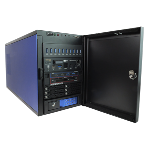 Rackmount computer server with a blue side panel and an open front door, revealing multiple drive bays, ports, and control buttons.