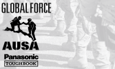 Black logos and text for AUSA Global Force and Panasonic Toughbook over a grayscale background of people standing in military boots.