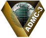 A green and gray globe is partially enclosed by a gold, V-shaped border with "ADMC-3" written diagonally in white letters, featured on the Homepage v1c.