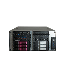 Front view of a rack-mounted computer server with multiple drive bays, buttons, and indicator lights, perfect for Homepage v1c, showing various colored hard drive enclosures.