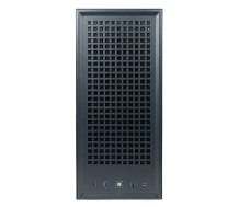 Front view of a black computer tower case with a grid-patterned ventilation panel and several ports and buttons at the bottom, featured on the Homepage v1c.