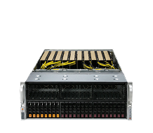 Front view of a rack-mount server with multiple drive bays and several installed graphics cards connected by yellow cables, featured on Homepage v1c.