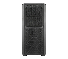 Homepage v1c front view of a black computer tower case with mesh panels, visible USB ports, and a power button at the top.