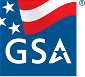 GSA logo with stylized American flag and three stars above the letters "GSA" in white on a blue background, featured on the Homepage v1c.
