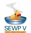 A yellow rubber duck floats in a blue bowl with steam rising above. Below are the words "SEWP V," the website "www.sewp.nasa.gov," and a hint to visit the Homepage for more information.