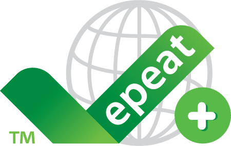 EPEAT logo features a green checkmark with "epeat" text, a globe outline in the background, and a green circle with a plus sign on the right—often seen on products like low-power GPUs for energy efficiency.