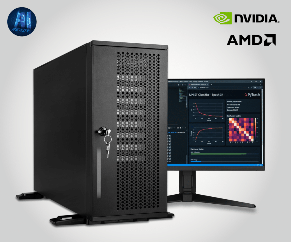 A black workstation tower with a front key lock, designed for federal and military use, is positioned beside a monitor displaying machine learning graphs. NVIDIA and AMD logos are shown in the top right corner.