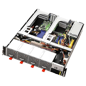 Open Powerworks GPU Server chassis showing internal components including cooling fans, circuit boards, wiring, and power supply, viewed from above for optimal Matrix Value.