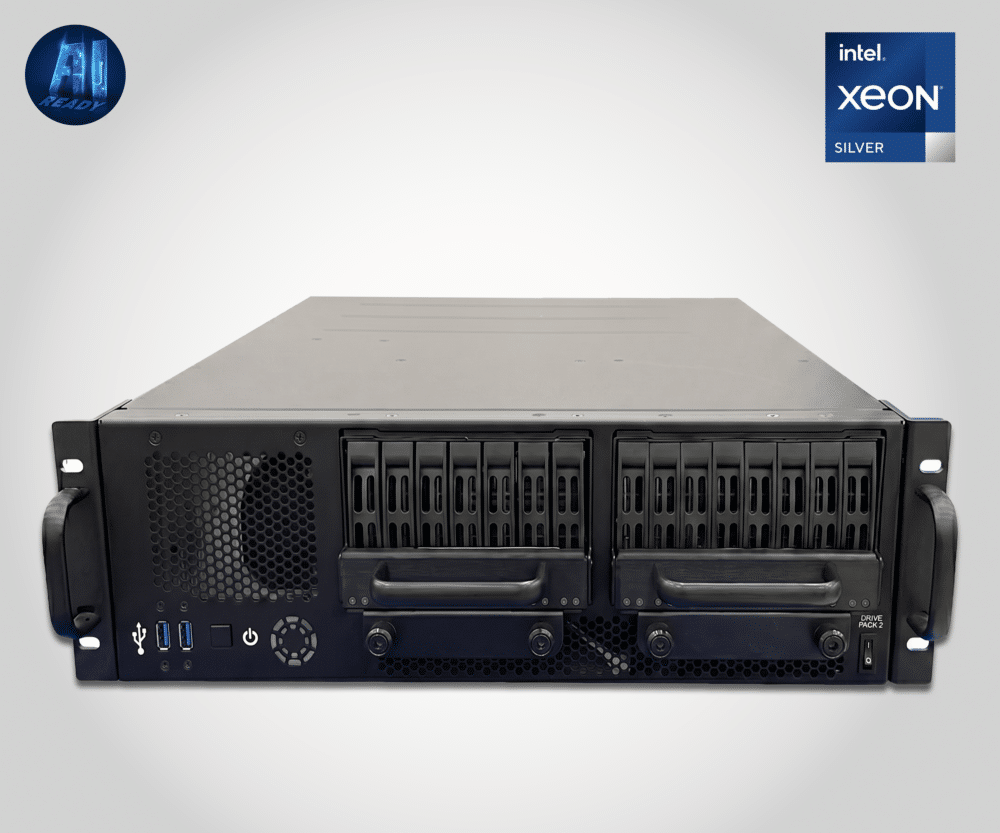 A black, rack-mounted server with multiple front-facing drive bays, USB ports, and control buttons is shown; Intel Xeon Silver and AI HADI logos are visible—ideal for demanding federal and military applications.