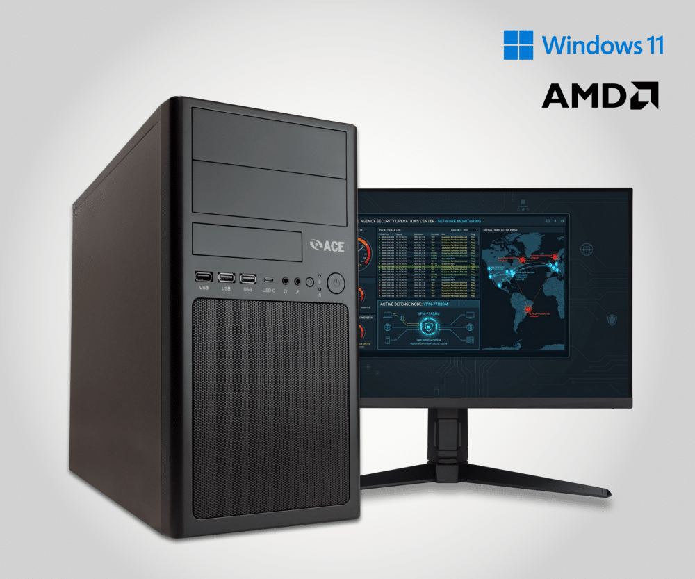 A black desktop computer tower next to a monitor displaying data and maps; ideal for federal and military use. Windows 11 and AMD logos are shown in the top right corner.