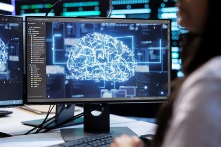 A person sits at a desk in front of a computer monitor displaying a digital brain graphic labeled "AI," with code and data elements visible in the background, highlighting the power of HPC Servers and NVIDIA RTX PRO 6000 technology in modern research.