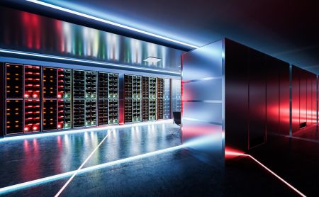 Modern data center with rows of illuminated server racks and reflective surfaces, featuring HPC Servers powered by NVIDIA RTX PRO 6000, all lit by blue and red LED lights.