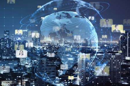 Digital rendering of a city skyline at night with a transparent globe and floating profile images connected by lines, representing secure on premise AI and global online communication.