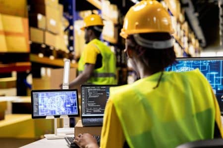 Warehouse worker in a yellow vest and hard hat uses a computer powered by low-power GPUs with technical diagrams on screens; shelves with boxes and another worker are visible in the background.