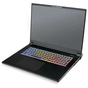 A Raptor 5090 performance laptop with a large screen and a keyboard illuminated by multicolored backlighting, viewed at an angle from above.