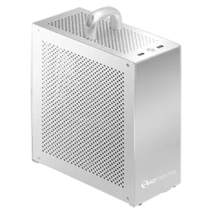A silver, rectangular Mini AI PC with ventilation holes, a handle on top, and two USB ports on the upper right corner.